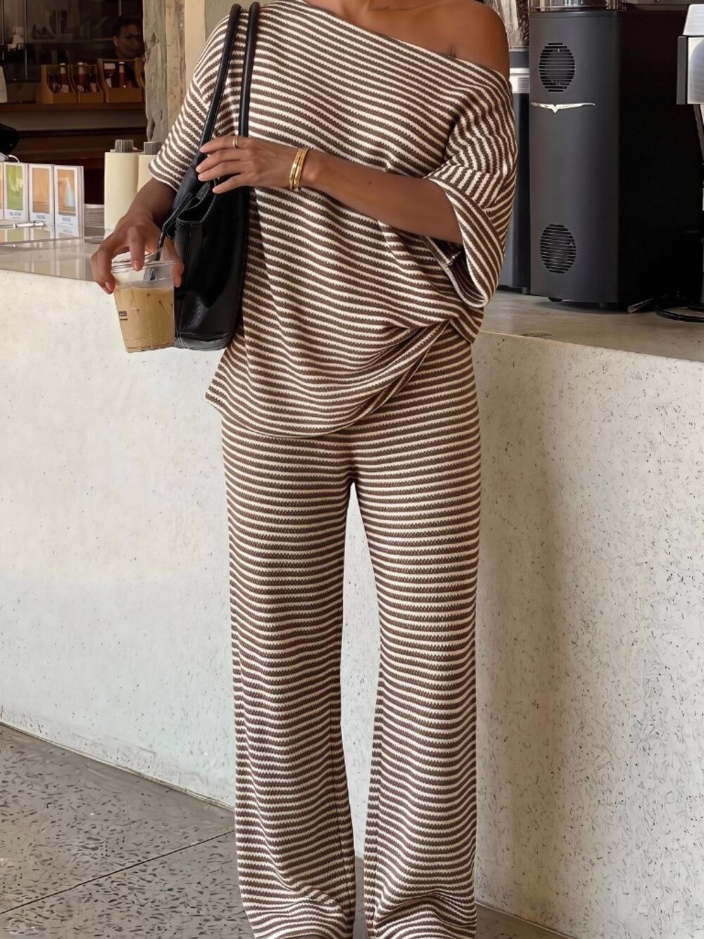 Brown Casual Women's Asymmetric Collar Striped Top And Pants Set